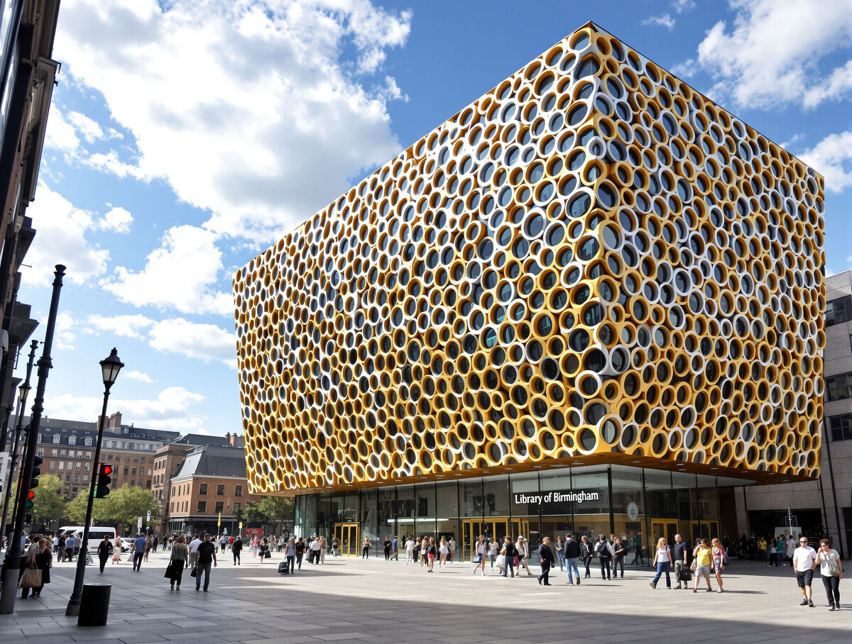 The gold and silver ring facade of the Library of Birmingham on a bright day