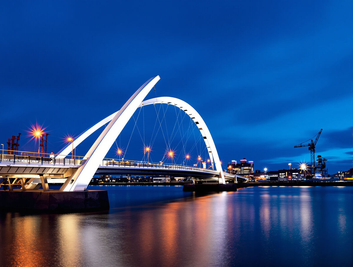 The Clyde Arc bridge lit at blue hour with the old shipyard crane on the far bank