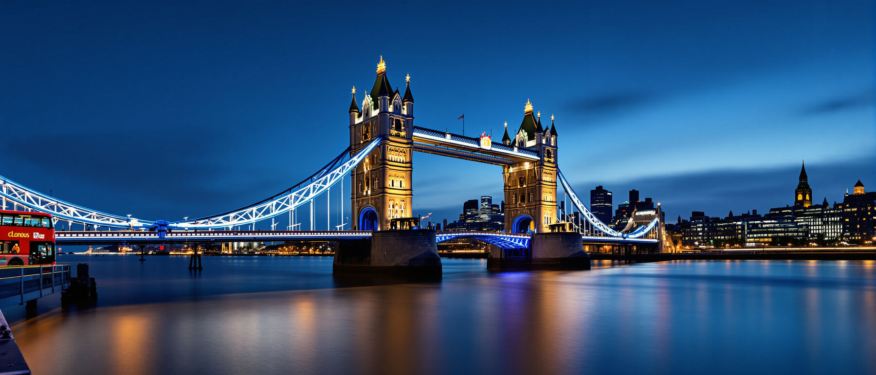 Tower Bridge lit at dusk with a red double-decker bus crossing and the City skyline beyond