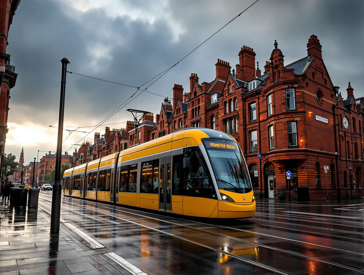 A yellow tram passing red-brick Victorian buildings on a wet Manchester street after rain
